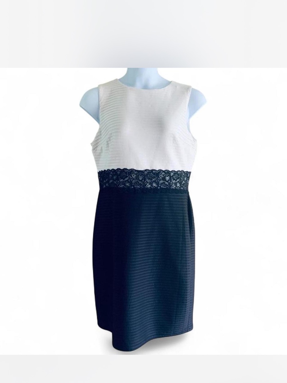 London Style Two-Tone Lace Waist Sheath Dress - White & Black size 16
